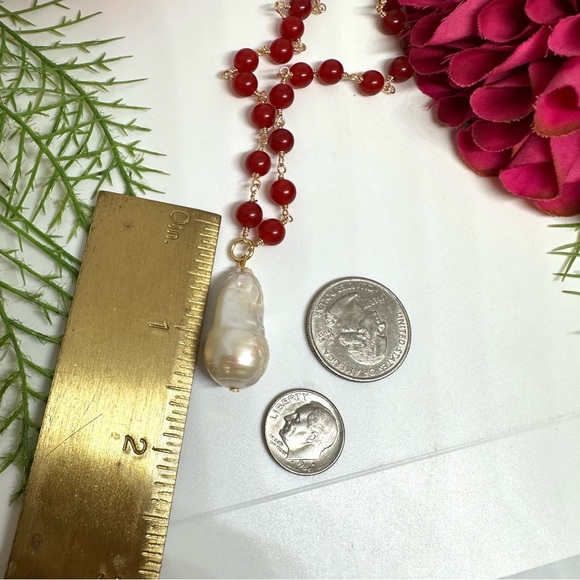 NEW⚜️Red Jade & Freshwater Pearl Handmade Necklace - Picture 7 of 7